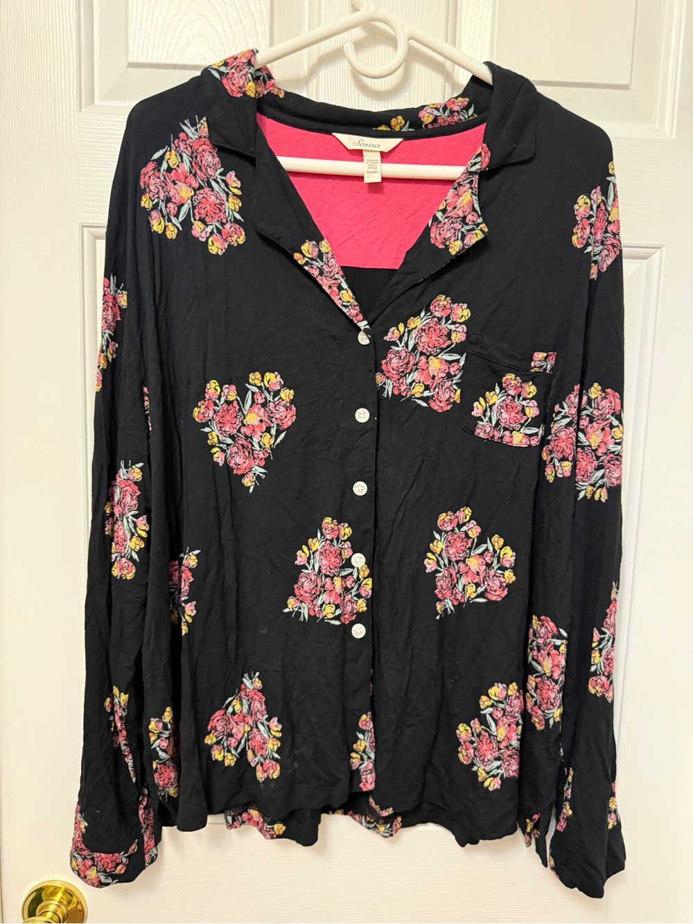Soma Black Button-Down Hooded Top with Pink Floral Print
